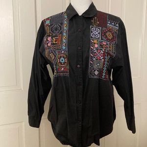 Women Vintage Black Cotton Button Down Shirt w Colorful Embroidery MISSY M 8-10